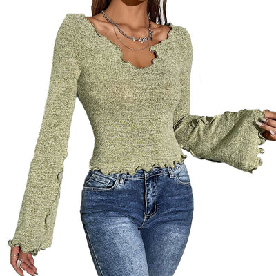 Frayed Flare Sleeve Top - Elegant Grass Green