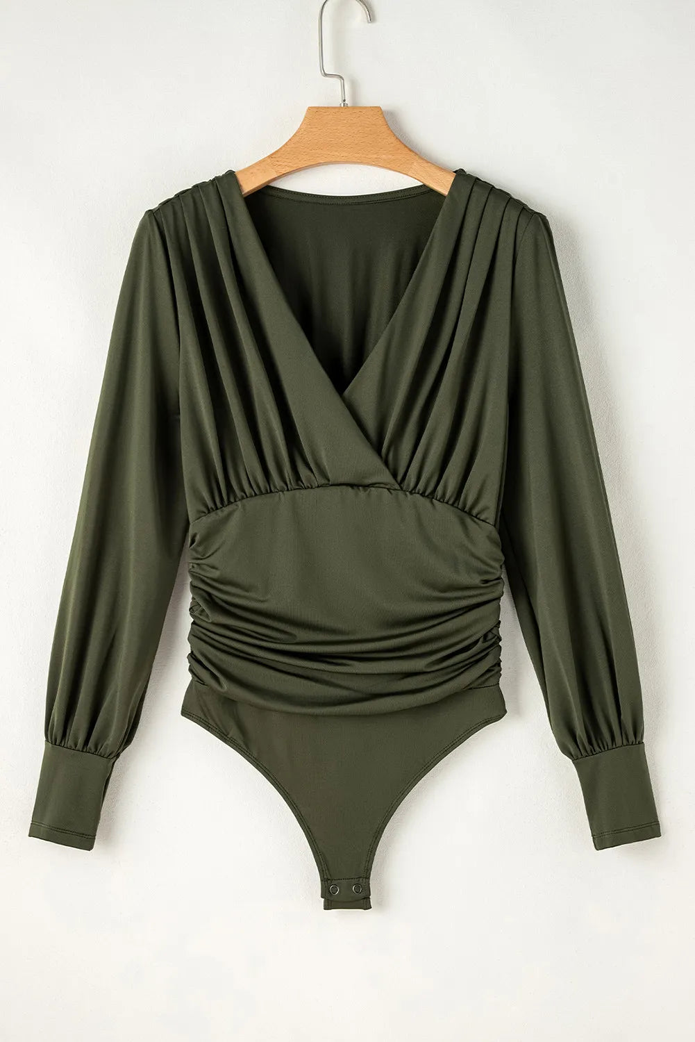 Ruched Surplice Long Sleeve Bodysuit - Fashions Envy