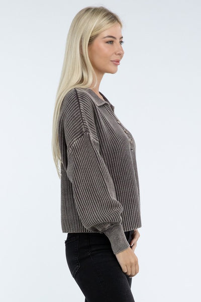 Ribbed Washed Collared Henley Sweater - Fashions Envy