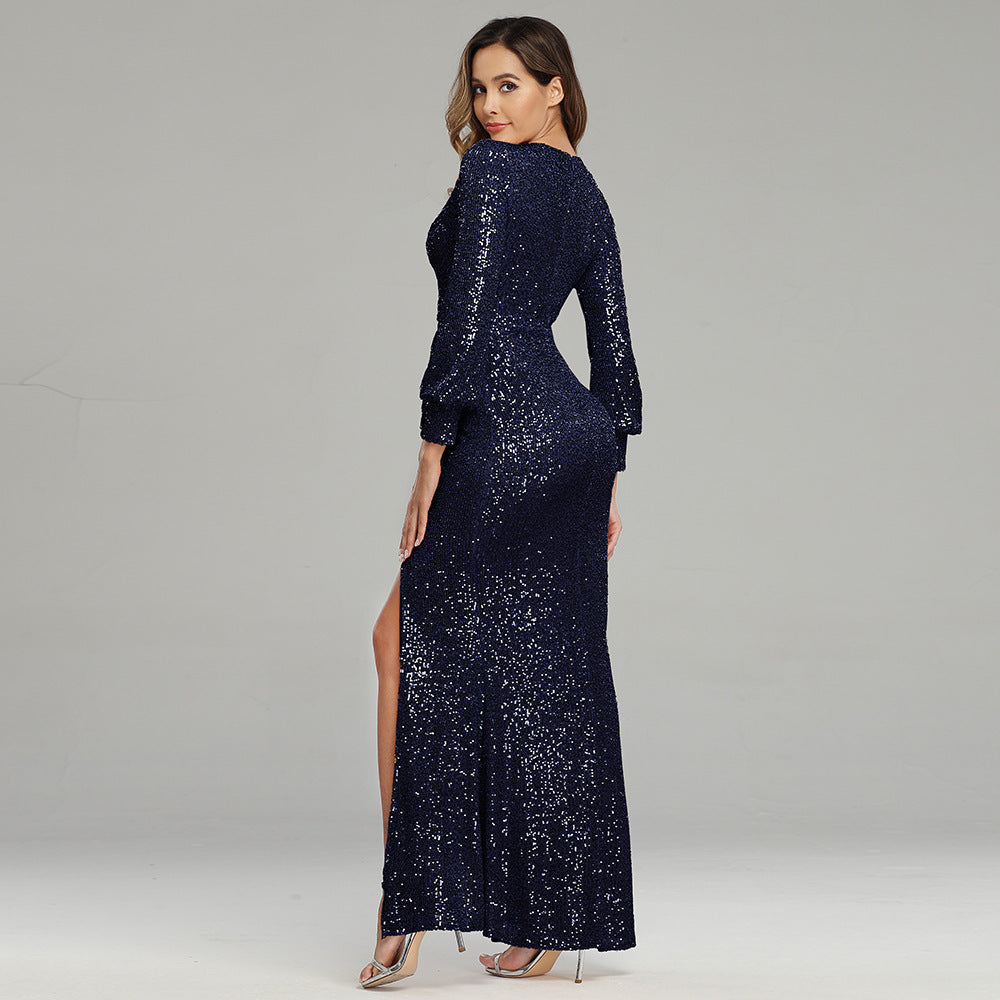 Sequined High Slit Evening Dress - Long Sleeve Banquet Gown