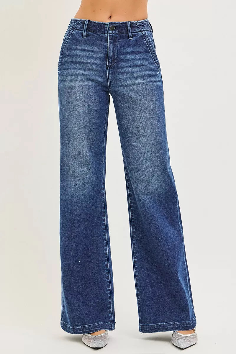 RISEN Wide Leg Jeans - Women's High Rise Slanted Pocket - Fashions Envy