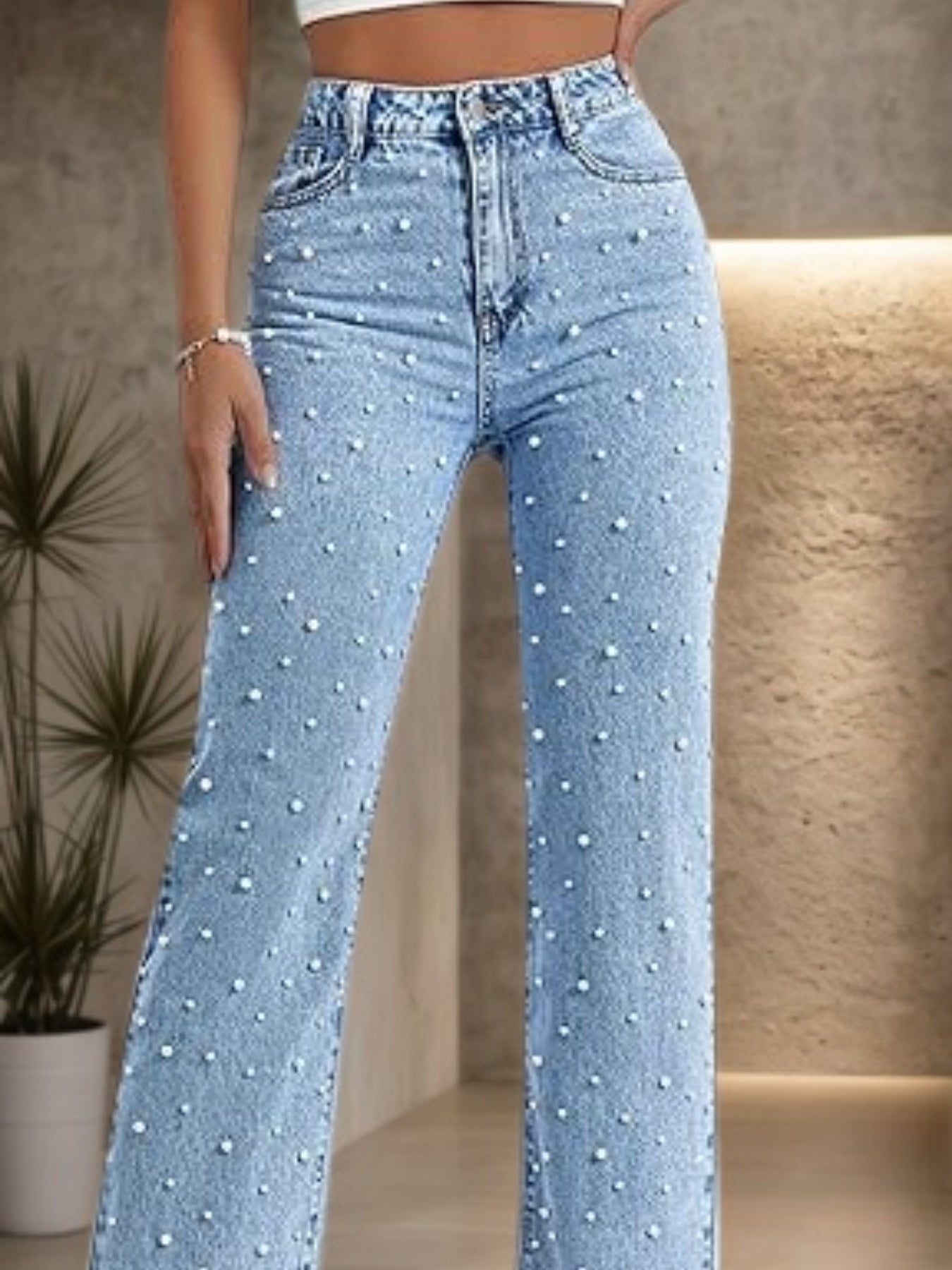 Washed Denim Straight Leg Pants - Nail Bead Detail - Fashions Envy