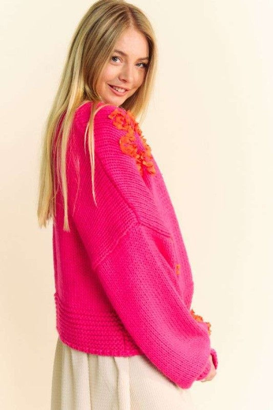 Hot Pink Floral Applique Open Front Drop Shoulder Cardigan