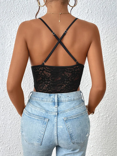 Crisscross Lace Bodysuit - Spaghetti Strap Halter
