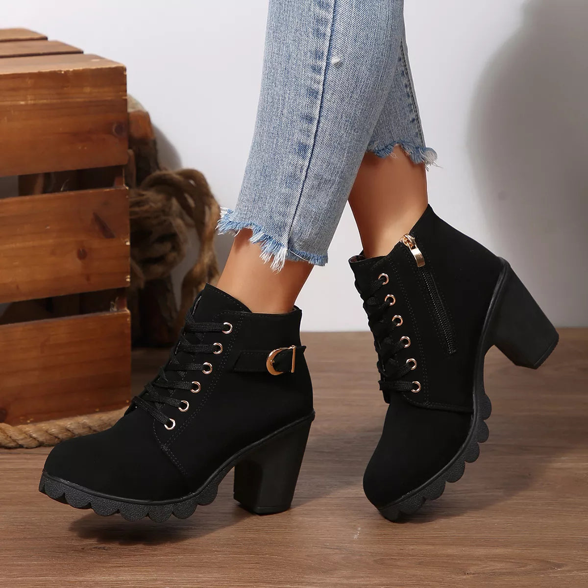 Lace Up Boots - Block High Heels - Fashions Envy