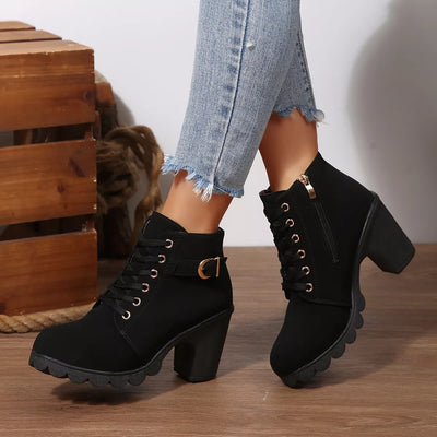 Lace Up Boots - Block High Heels - Fashions Envy