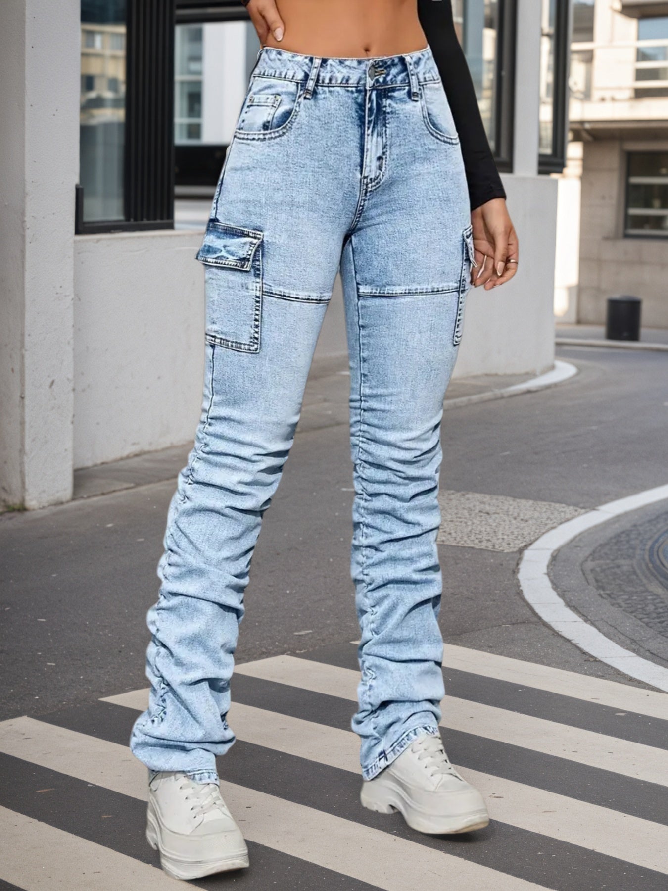 High Waisted Elastic Jeans - Side Pocket Street Style - Fashions Envy