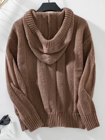 Drawstring Long Sleeve Hooded Sweater - Fashions Envy