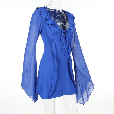 Sexy Y2K Ruffled V-neck Lace-up Long-sleeved Mini Dress