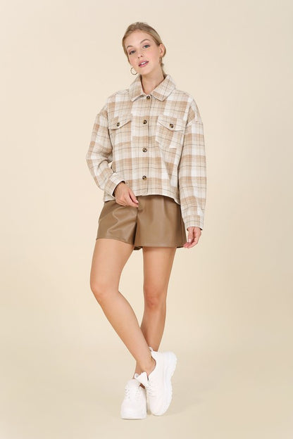 Plaid Cropped Drop Shoulder Shacket with Pockets