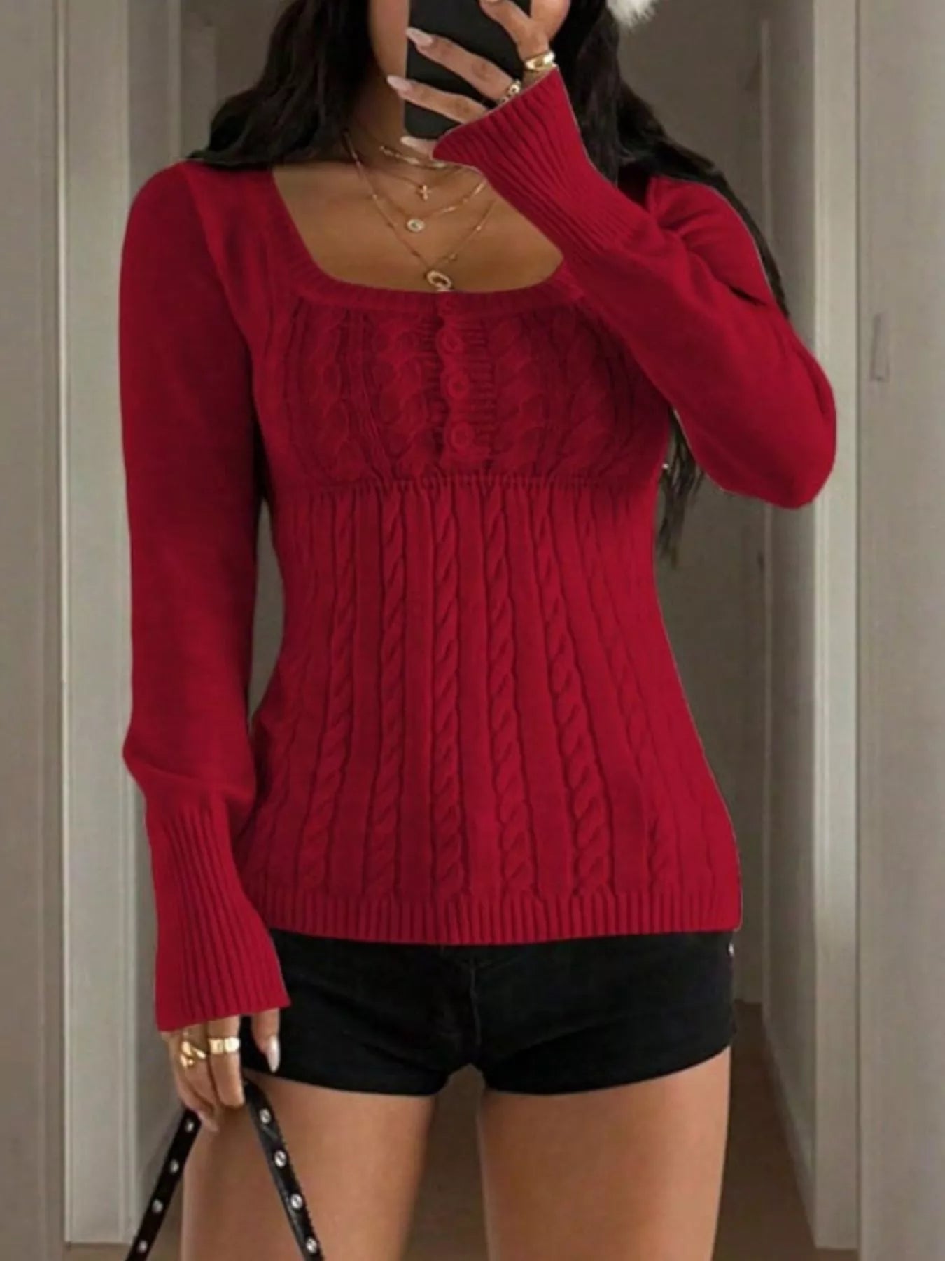 Fitted Sweater - Cable Knit Button-Front - Fashions Envy