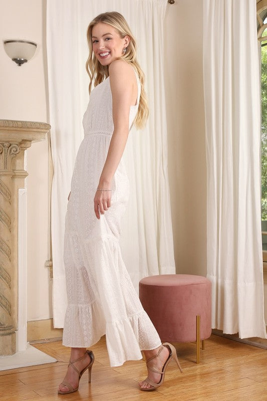 Embroidered V-Neckline Tiered White Maxi Dress