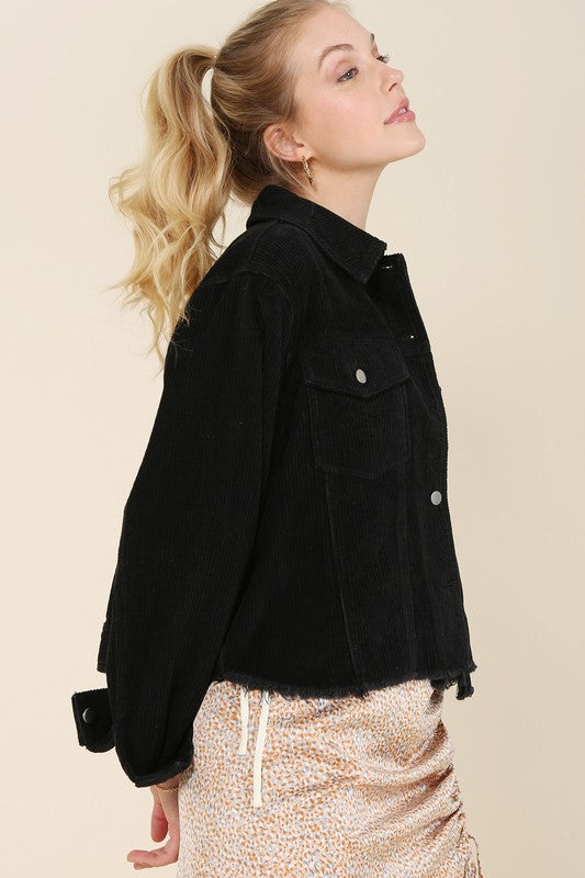 Long Sleeve Shirt Collar Frayed Corduroy Jacket