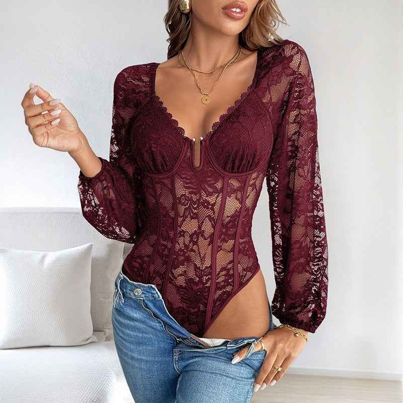 V-Neck Lace Bodysuit - Long Sleeve Sheer Style - Fashions Envy