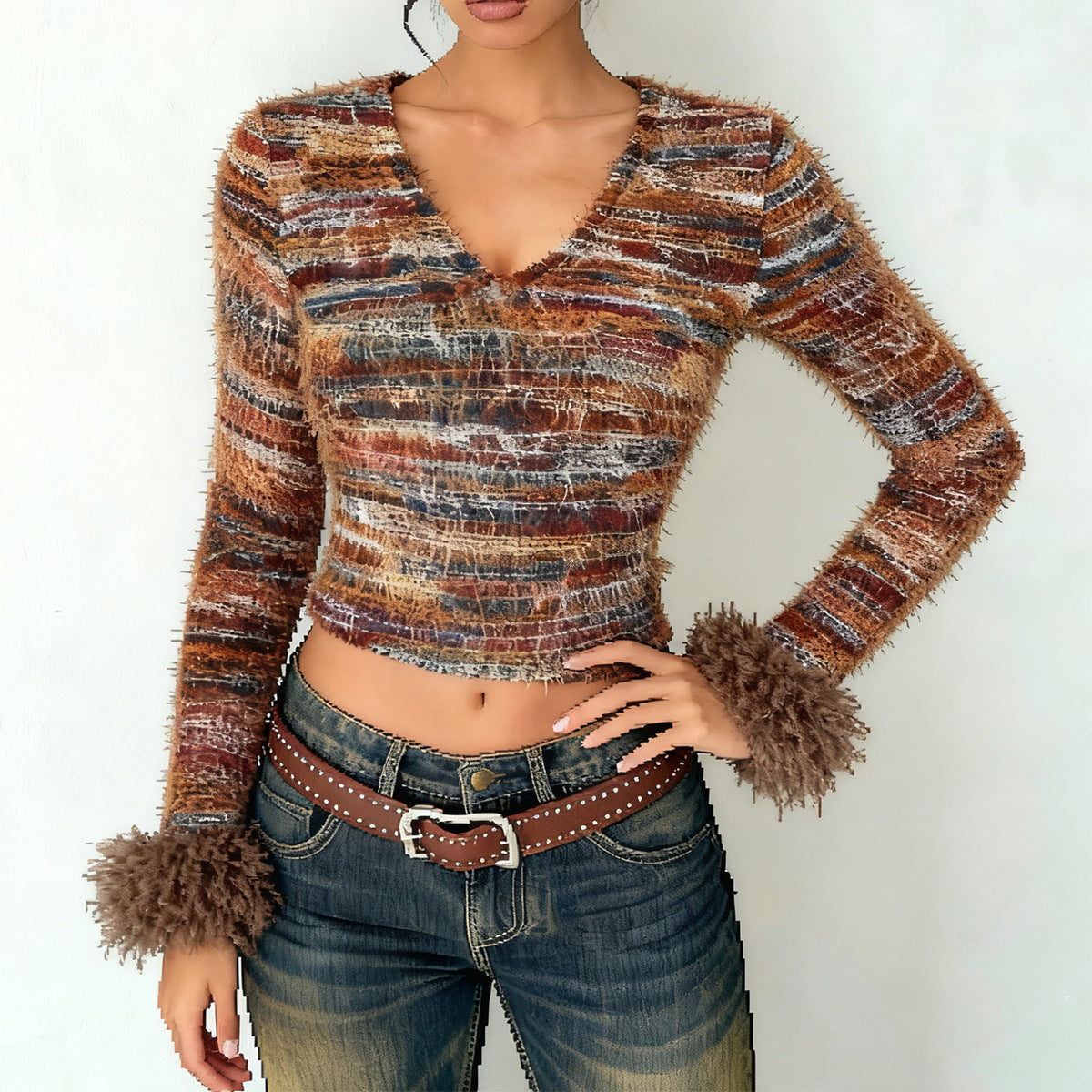 Open navel V-neck yarn dyed top for women