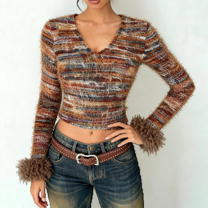 Open navel V-neck yarn dyed top for women