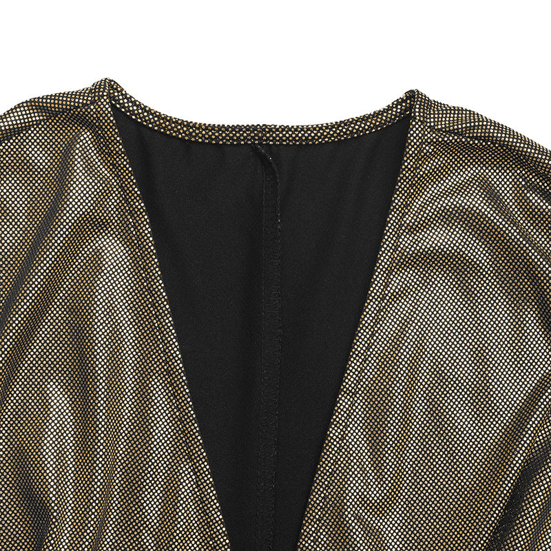 Deep V-neck Gathered Mini Dress - Classic Golden Long Sleeve