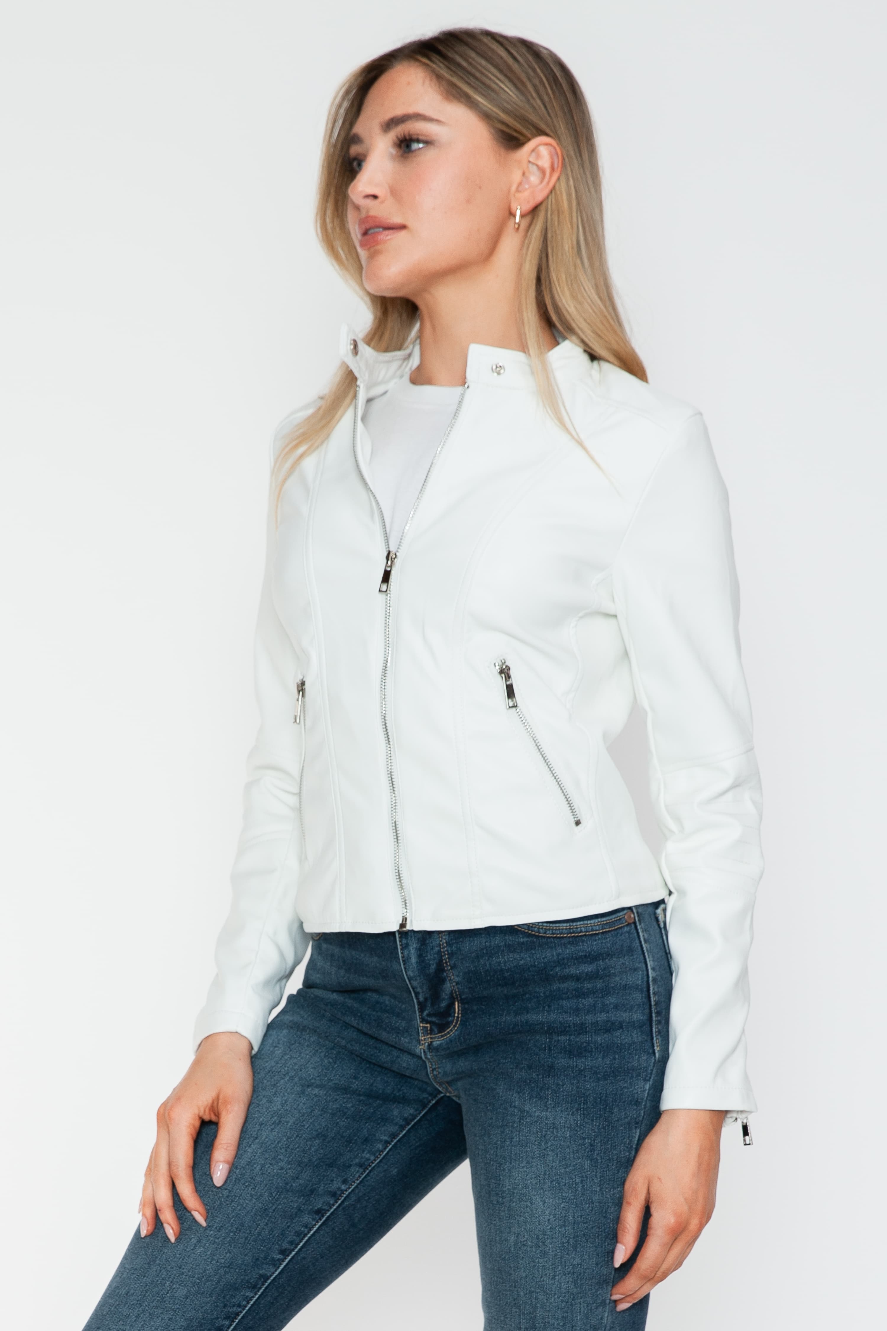 White PU Leather Zip Up Jacket with Pockets