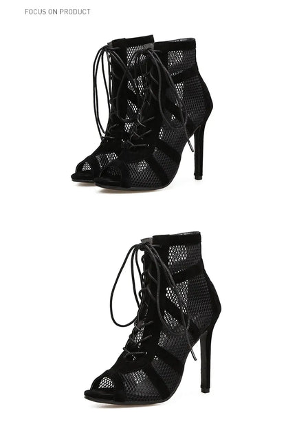 Black Mesh Lace-Up Heels - Sexy Ankle Boot Style