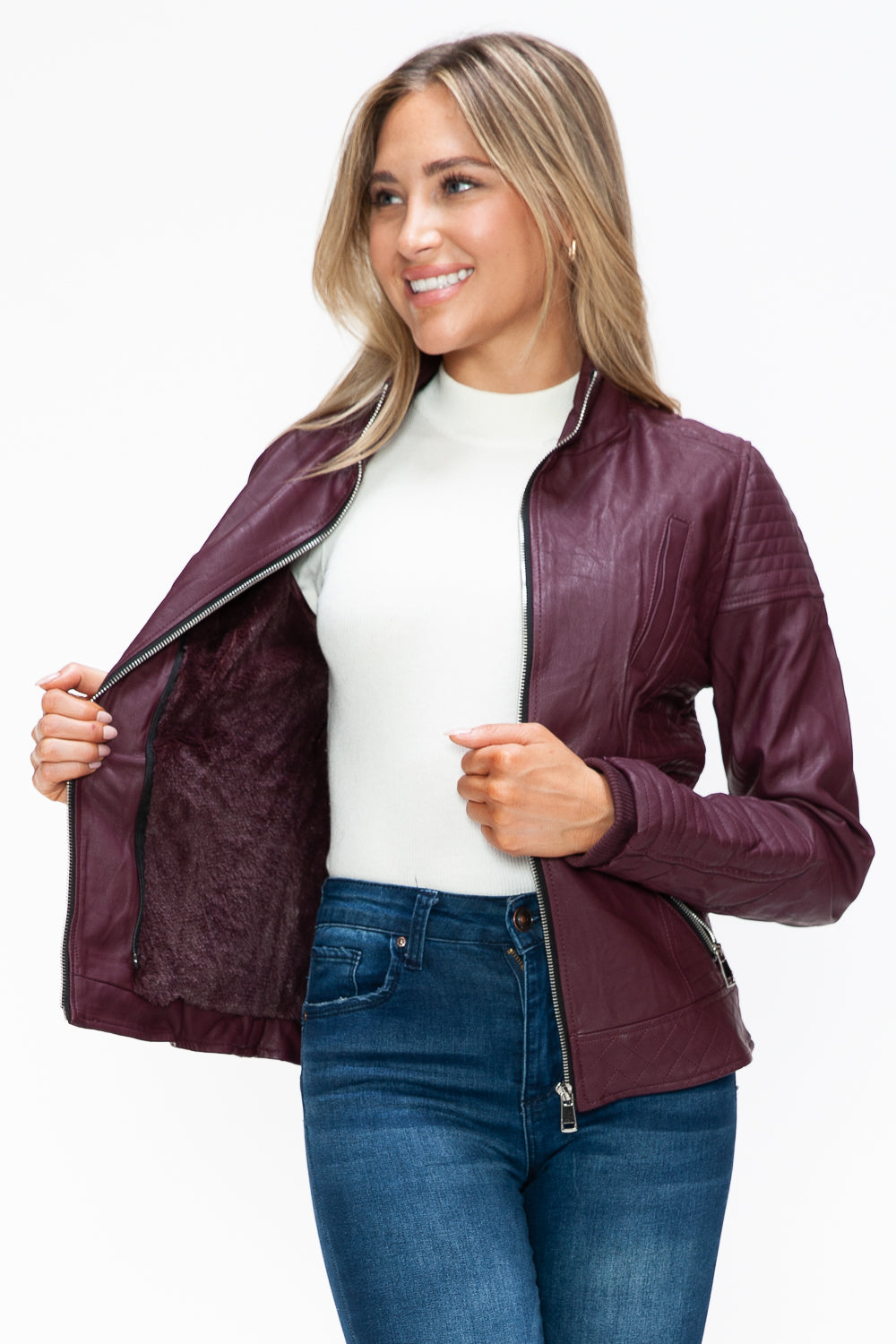 Wine Faux Layered Double-Zipper Jacket with Fuzzy Hood