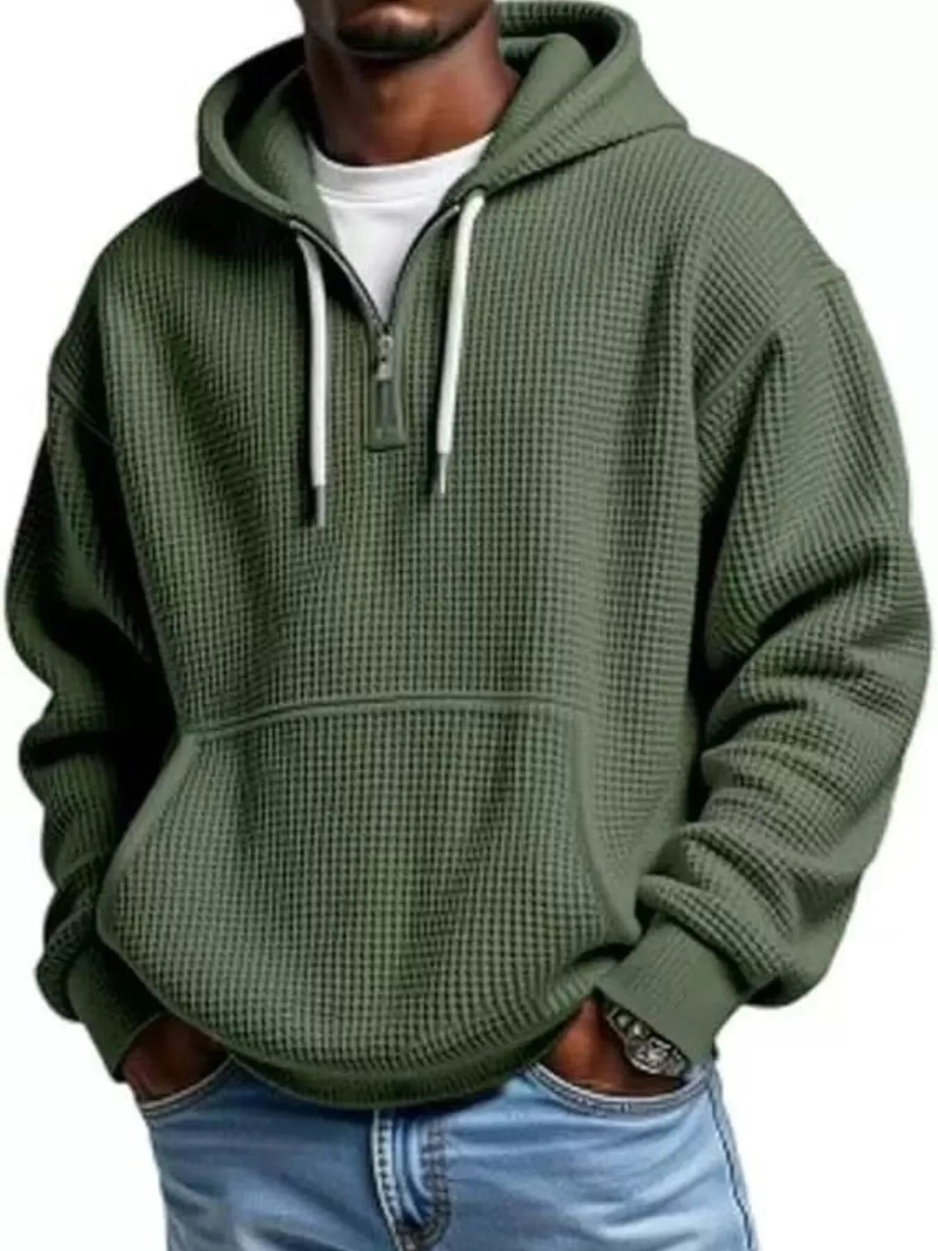 Waffle Knit Half-Zip Hoodie Men - Textured Cotton Blend - Fashions Envy