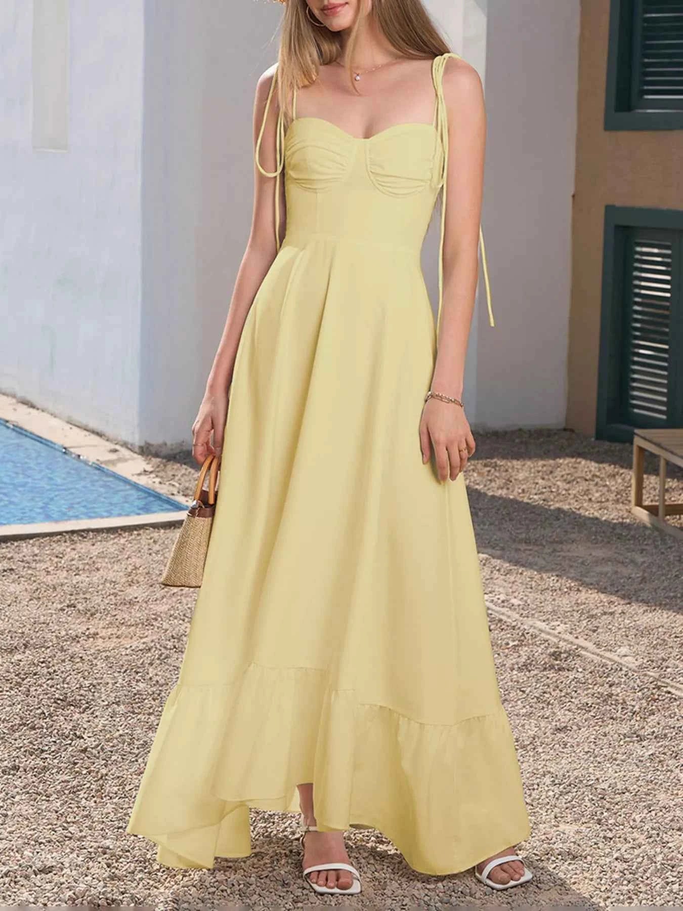 Sweetheart Neck Tie-Strap Ruffle Hem Maxi Dress