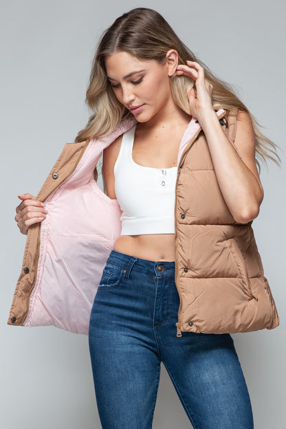 Camel Snap and Zip Closure Hooded Vest