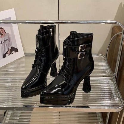 Stylish Lace-Up High Block Heel Boots - Fashions Envy