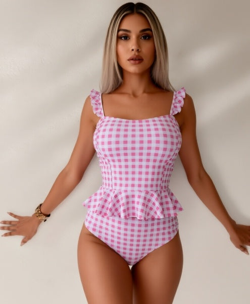 Pink Plaid One-Piece Swimsuit - Ruffled Full Coverage