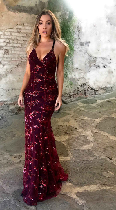 Sequin Lace-Up Back Maxi Dress - Deep V-Neck Spaghetti Strap Gown