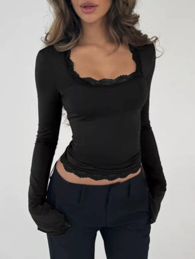 Lace Trim Top - Square Neck Long Sleeve Fitted - Fashions Envy
