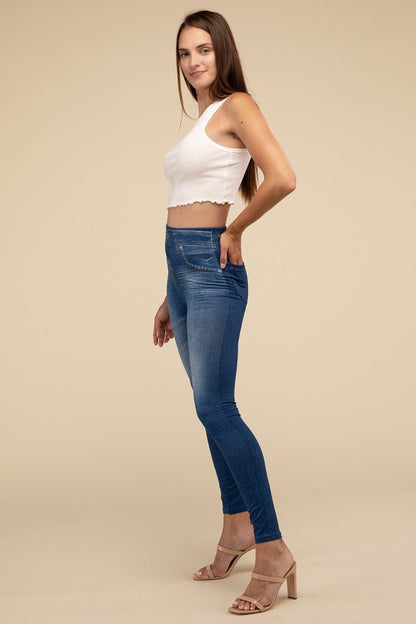 Casual High Rise Waist Denim Fitted Leggings