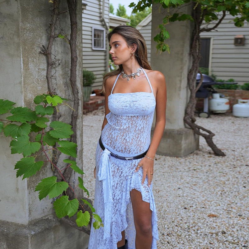 Lace Halter Maxi Dress - Sleeveless Style