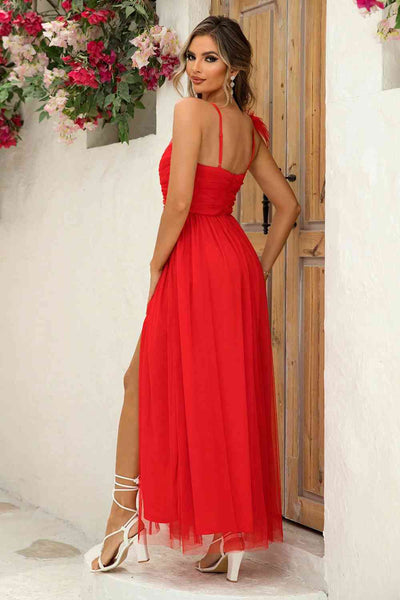 Asymmetrical Ruched Slit Dress - Fashions Envy