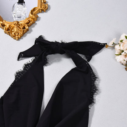 Backless Halter Crop Top - Deep V-Neck Black Style