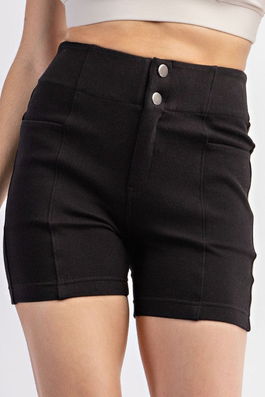 Seaming Details Elastic Waist Cotton Stretch Twill Shorts