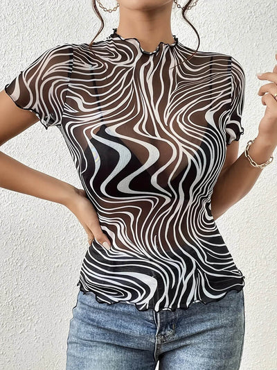 Psychedelic Wave Print Mock Neck T-Shirt - Mesh Statement Top - Fashions Envy