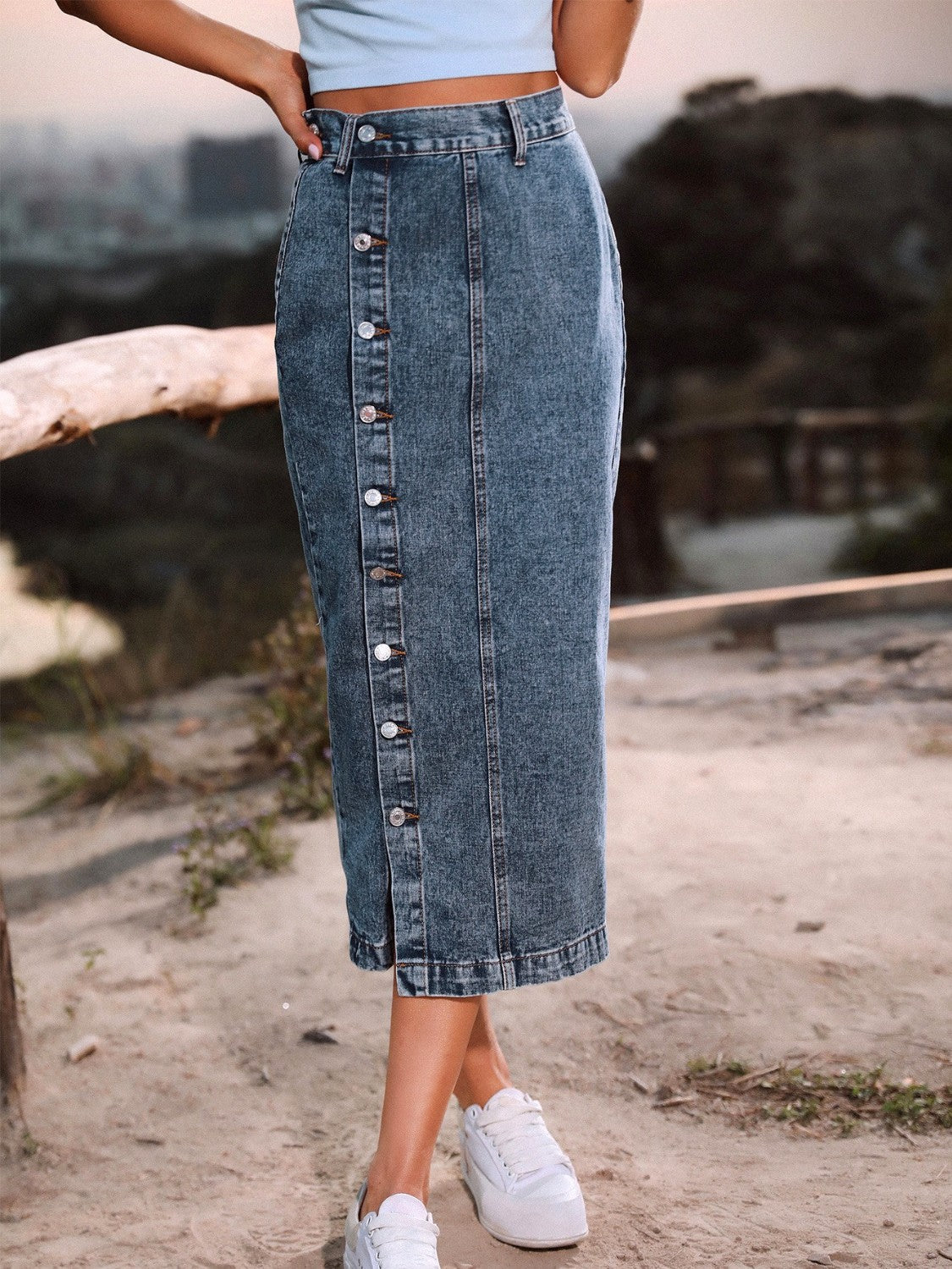 Button Down Denim Skirt - Fashions Envy