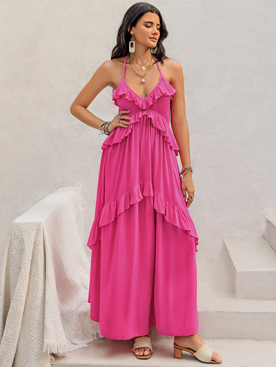 Hot Pink Ruffled Halter Neck Maxi Dress