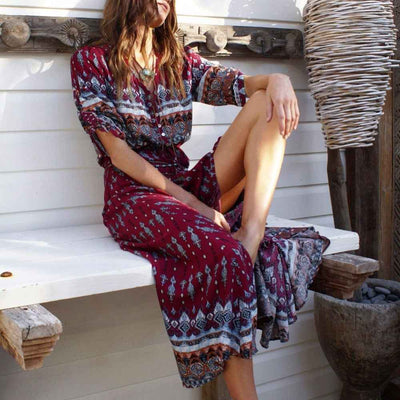 Boho V-Neck Maxi Dress - Long Sleeve Flowy Print