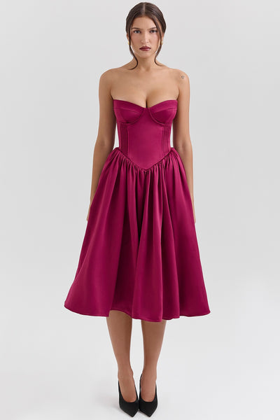 Sweetheart Midi Dress - Strapless Flared A-Line Skirt