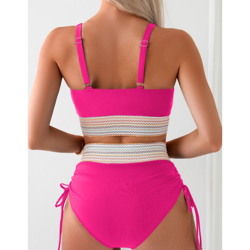 Women's High Waisted Bikini Sets - Two Piece Tummy Control Color Block Swimsuit