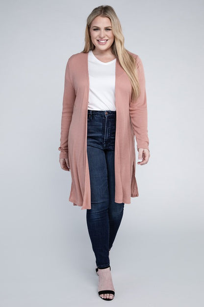 Plus Open Front Side Slit Everyday Long Cardigan