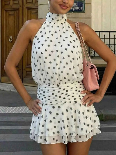 Polka Dot Halter Neck Ruffle Dress