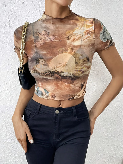 Abstract Print Ruffled Mock Neck Crop T-Shirt - Fashions Envy