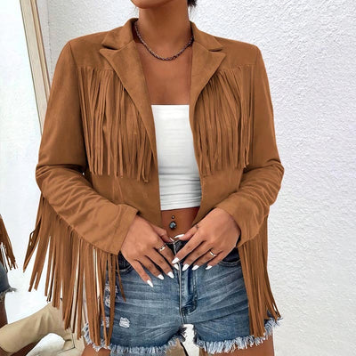Solid Color Fashion Lapel Loose Fit Fringe Long Sleeve Jacket