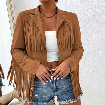 Solid Color Fashion Lapel Loose Fit Fringe Long Sleeve Jacket