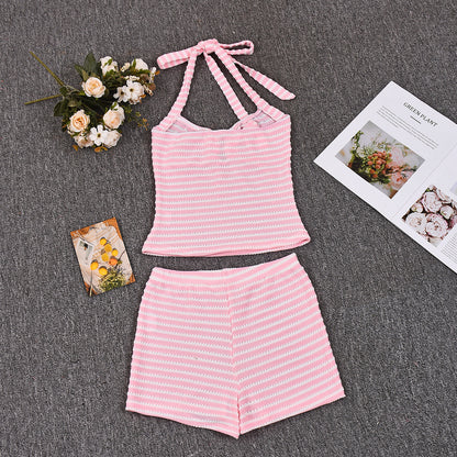 Halter Neck Mini Shorts Set - Decorative Crop Top Outfit