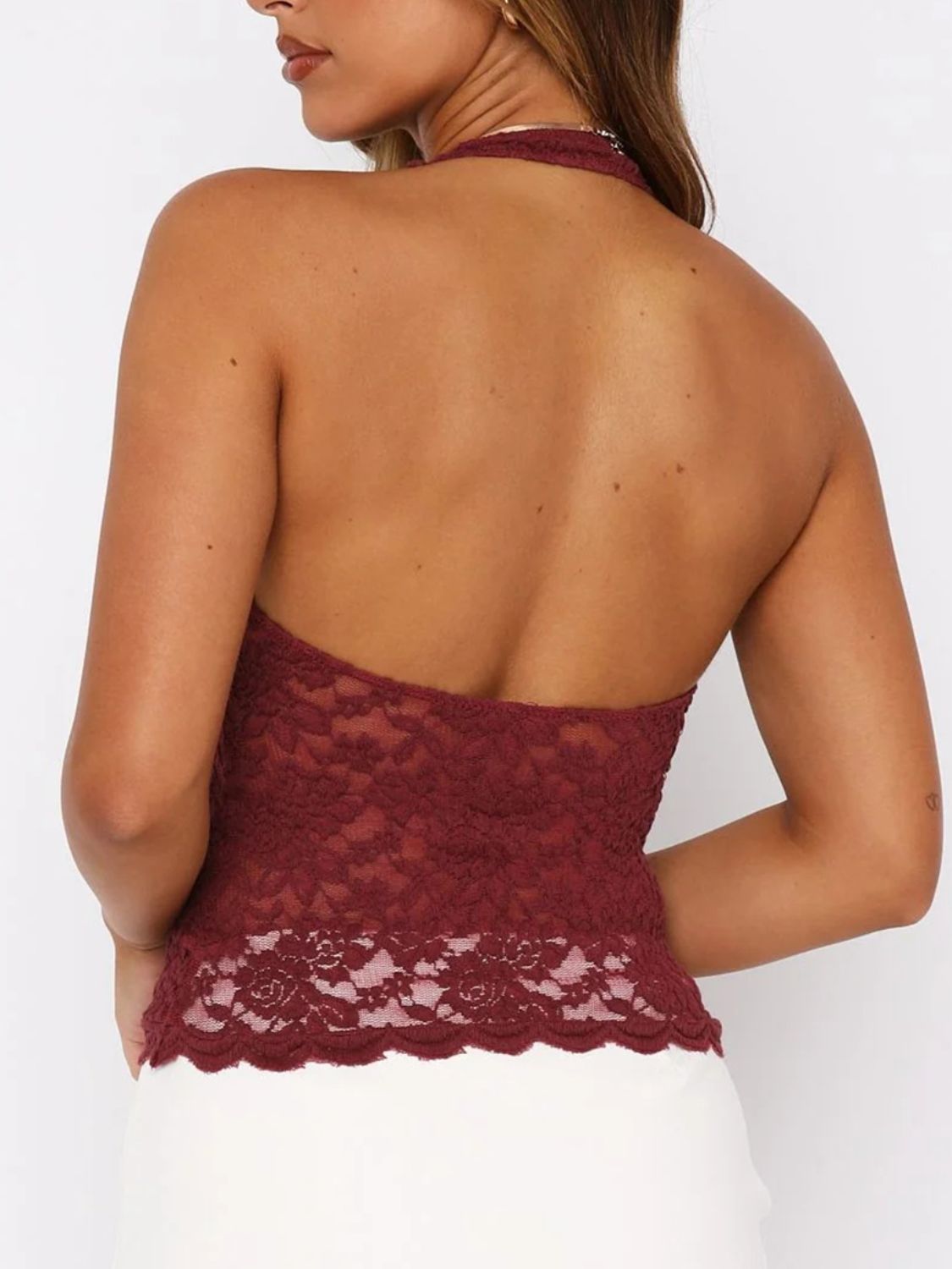 Lace Semi-sheer Backless Halter Neck Cami