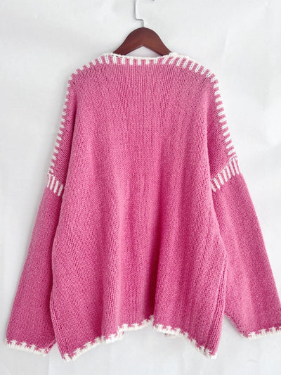 Double Take Contrast Open Front Dropped Shoulder Cardigan - Fashions Envy